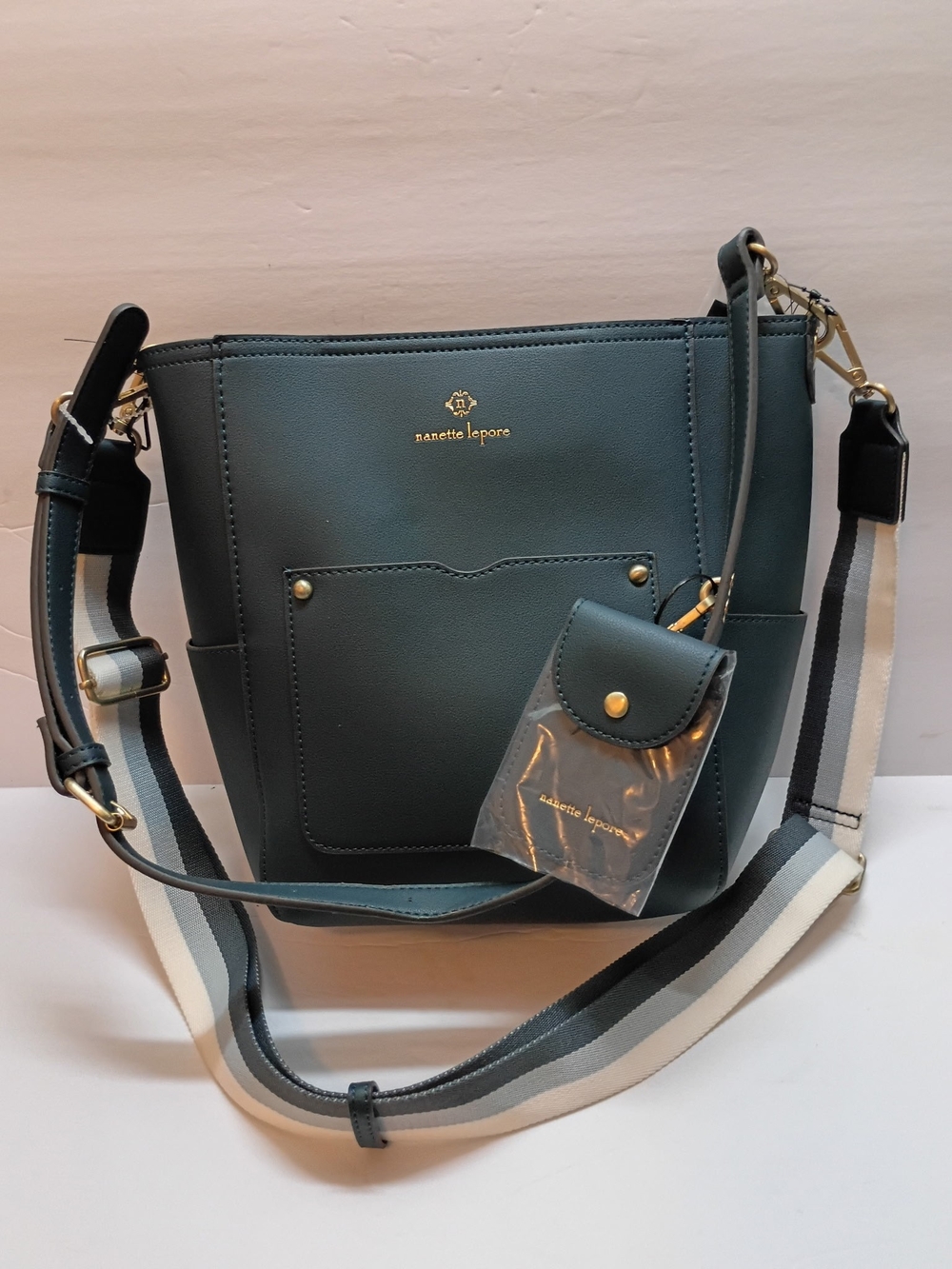 NWT Nanette Lepore Navy Vegan Leather Bucket Bag W/Bonus Striped Crossbody Strap